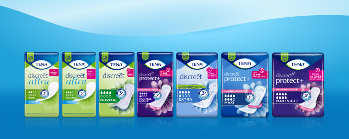 Από τα αριστερά: TENA Discreet Extra, TENA Discreet Maxi Night, TENA Silhouette Πλενόμενο εσώρουχο Classic & Εσώρουχο για την ακράτεια TENA Silhouette Washable Underwear High Waist. Από τα αριστερά: TENA Discreet Extra, TENA Discreet Maxi Night, TENA Silhouette Πλενόμενο εσώρουχο Classic & Εσώρουχο για την ακράτεια TENA Silhouette Washable Underwear High Waist.